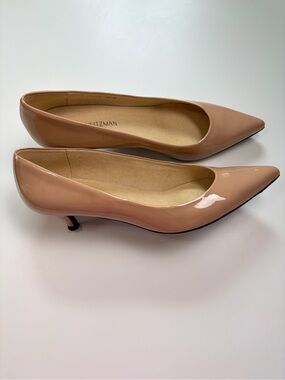 Stuart Weitzman Nude Patent Kitten Heel Pointed Pump